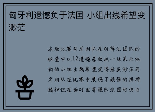 匈牙利遗憾负于法国 小组出线希望变渺茫