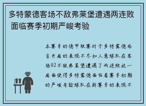 多特蒙德客场不敌弗莱堡遭遇两连败 面临赛季初期严峻考验