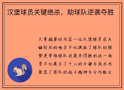 汉堡球员关键绝杀，助球队逆袭夺胜