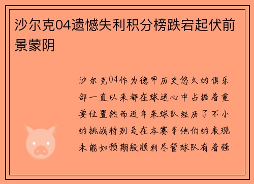 沙尔克04遗憾失利积分榜跌宕起伏前景蒙阴