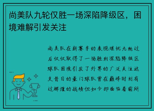 尚美队九轮仅胜一场深陷降级区，困境难解引发关注