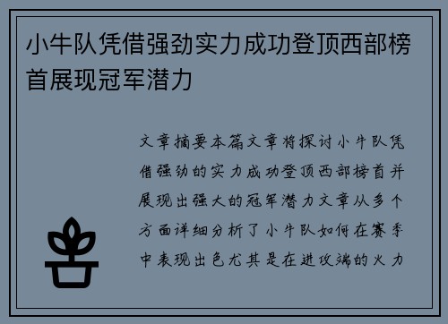 小牛队凭借强劲实力成功登顶西部榜首展现冠军潜力